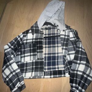 Zara Black and White Plaid Jacket with Gray Hood